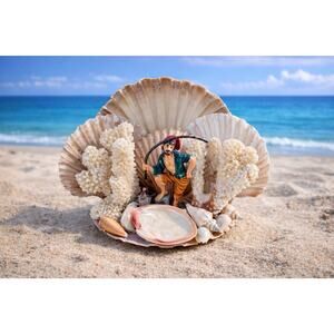 Vintage Greek Seashell Coral Lamp Base Handmade Statue Fisherman Ocean